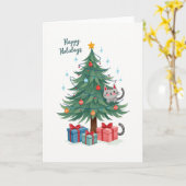 Cute Cat In Christmas Tree Illustrated Card カード (黄色い花)