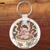 Cute Cat in Coffee Cup - Cozy Adventure Hoodie art キーホルダー (正面)