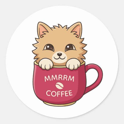 Cute Cat in Coffee Mug Custom Text ラウンドシール (正面)