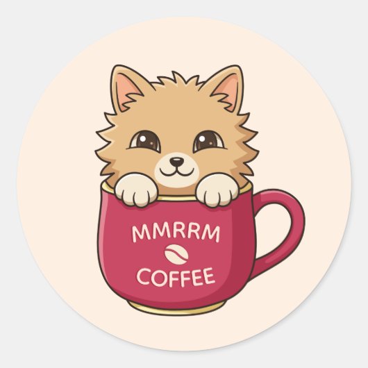 Cute Cat in Coffee Mug Custom Text Beige ラウンドシール (正面)