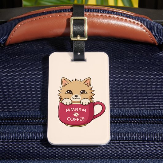 Cute Cat in Coffee Mug Custom Text Beige ラゲッジタグ (正面インサイチュ2)