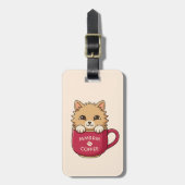 Cute Cat in Coffee Mug Custom Text Beige ラゲッジタグ (正面縦)