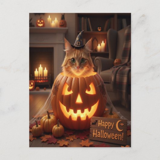 Cute Cat in Pumpkin Halloween for Cat Lovers ポストカード (正面)