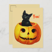 Cute Cat in Pumpkin Vintage Halloween Postcard ポストカード (正面/裏面)