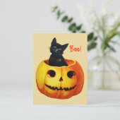 Cute Cat in Pumpkin Vintage Halloween Postcard ポストカード (スタンド正面)