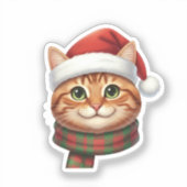 Cute Cat in Santa Hat & Knit Scarf Christmas  シール (正面)