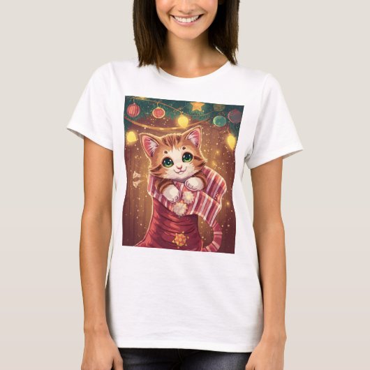 Cute Cat in Stocking Christmas Holiday T-Shirt Tシャツ (正面)