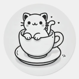 Cute Cat in Teacup Round Sticker ラウンドシール