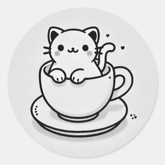 Cute Cat in Teacup Round Sticker ラウンドシール (正面)
