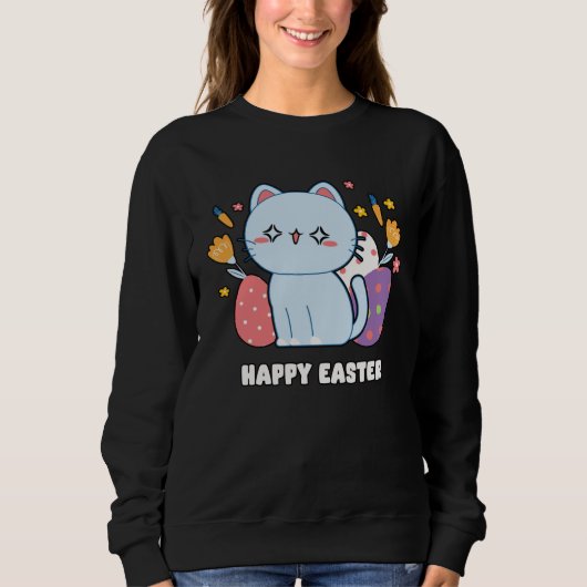 Cute Cat Kitty Happy Easter Day Egg Hunter Boys Gi スウェットシャツ (正面)