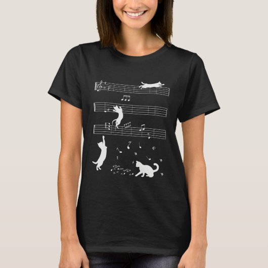 Cute Cat Kitty Playing Music Note Clef Musician Tシャツ (正面)