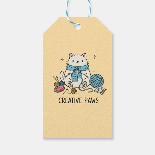 Cute Cat Knitting Creative Paws Yellow Stationery ギフトタグ (裏面)
