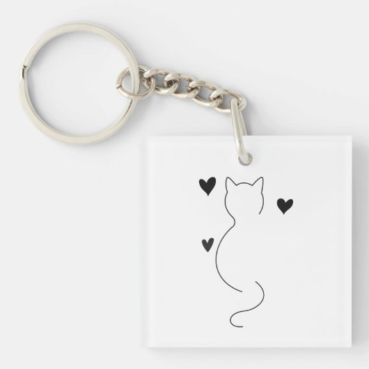 Cute cat line drawing, with three hearts キーホルダー (正面)