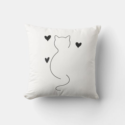 Cute cat line drawing, with three hearts クッション (正面)