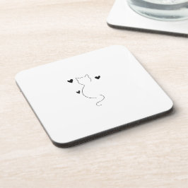 Cute cat line drawing, with three hearts コースター