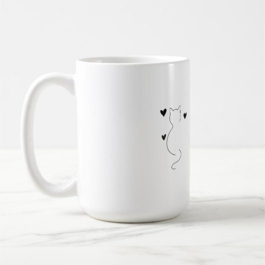 Cute cat line drawing, with three hearts コーヒーマグカップ (左)