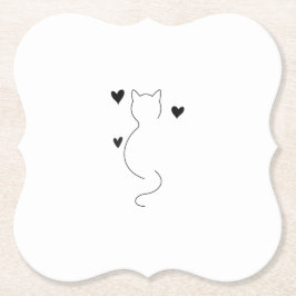 Cute cat line drawing, with three hearts ペーパーコースター