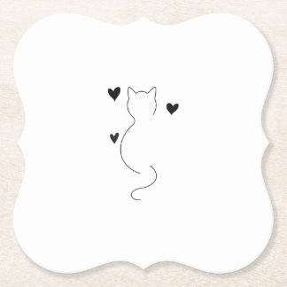Cute cat line drawing, with three hearts ペーパーコースター