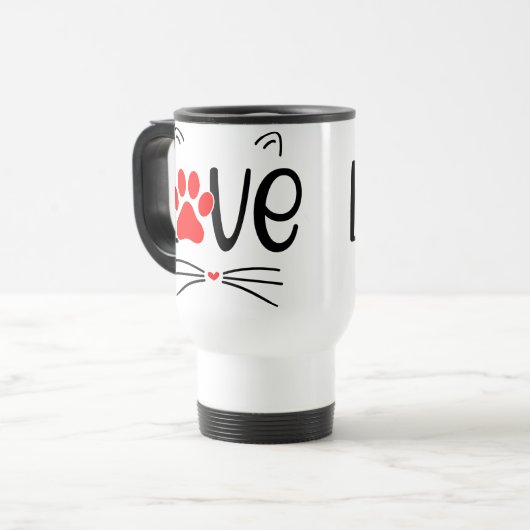Cute Cat LOVE Typography with Red Paw トラベルマグ (正面左)