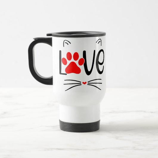 Cute Cat LOVE Typography with Red Paw トラベルマグ (左)