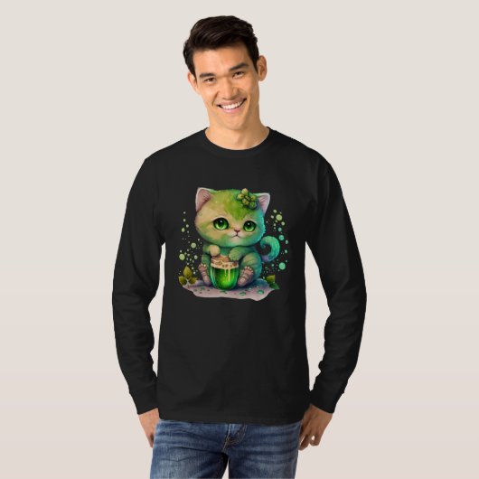 Cute Cat Loves Beer St Patrick s Day Cat 2 Tシャツ (正面フル)