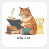 cute cat mom reading a book and drinking coffee スクエアシール (正面)