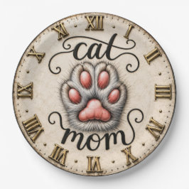 Cute Cat Nom Paw Print Rustic ペーパープレート