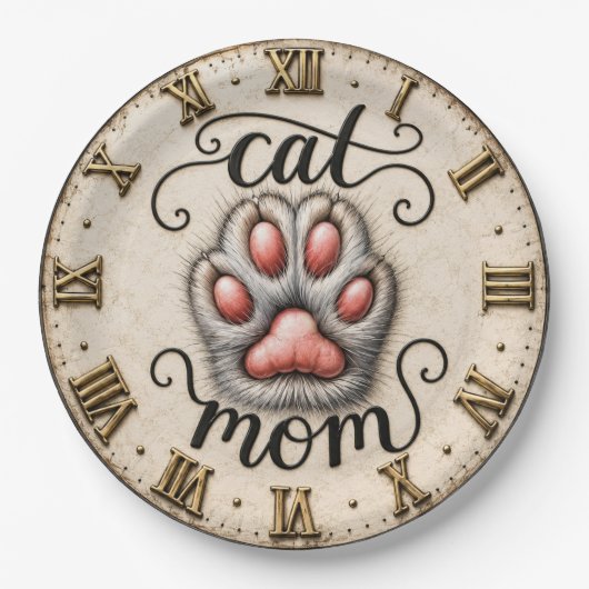 Cute Cat Nom Paw Print Rustic ペーパープレート (正面)
