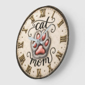 Cute Cat Nom Paw Print Rustic ラージ壁時計 (傾斜)