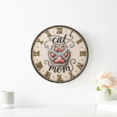 Cute Cat Nom Paw Print Rustic ラージ壁時計 (ホーム)