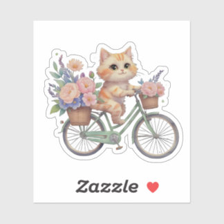 Cute Cat on Floral Bike Sticker シール