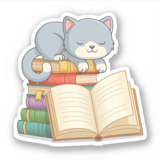 Cute Cat on top of a Book Stack シール (正面)