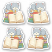 Cute Cat on top of a Book Stack, Set of 4 シール (正面)
