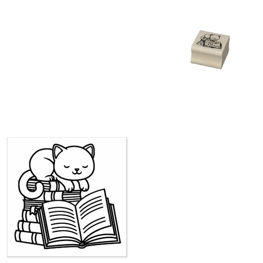 Cute Cat on top of Stack of Books 1x1 ラバースタンプ (押印)