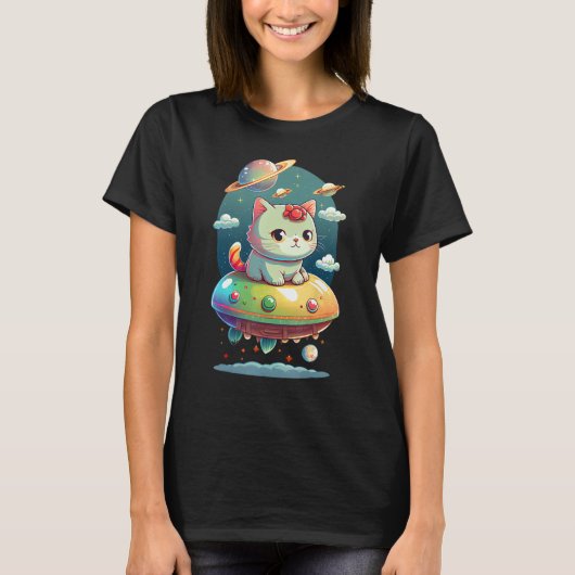 Cute Cat on UFO for Scif Fi Girl or Boy Tシャツ (正面)