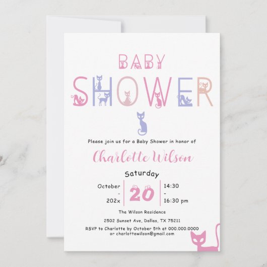 Cute Cat Pastel Color Baby Shower 招待状 (正面)