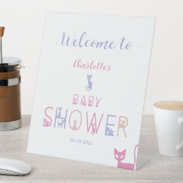Cute Cat Pastel Color Baby Shower Welcome 台座サイン