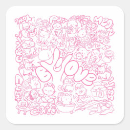 Cute Cat Patten with ASL ILY sign - ASL Design  スクエアシール