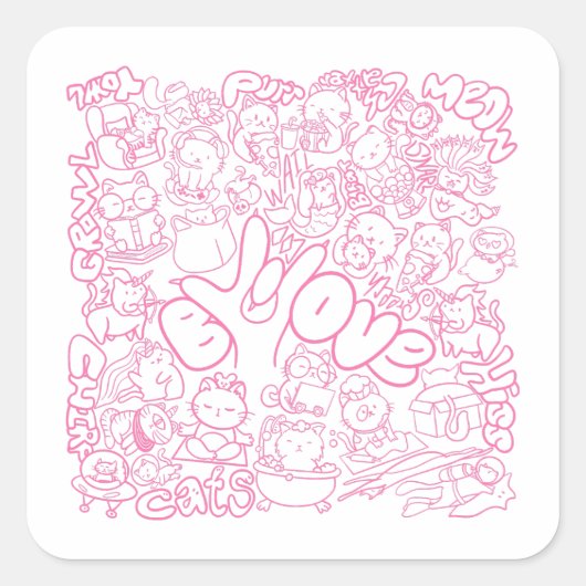 Cute Cat Patten with ASL ILY sign - ASL Design  スクエアシール (正面)