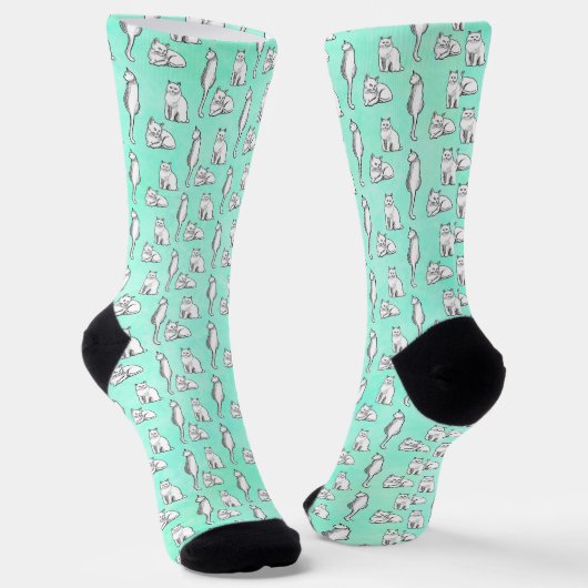 Cute Cat Pattern Teal Novelty ソックス (傾斜あり)