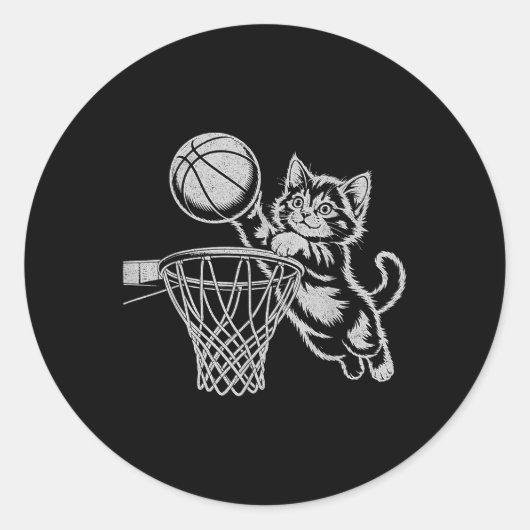 Cute Cat Playing Basketball Men Women Kids Funny C ラウンドシール (正面)