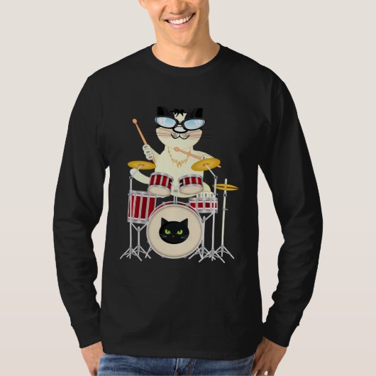 Cute Cat Playing Drum Drums & Cats   Drummer Tシャツ (正面)