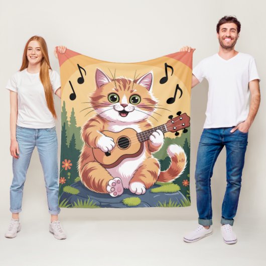 Cute Cat Playing Ukuele フリースブランケット (インサイチュ)