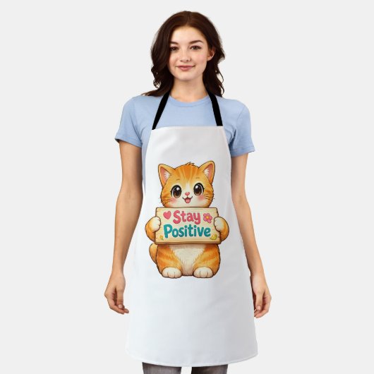 Cute Cat Positive Vibes Illustration エプロン (着用した状態)