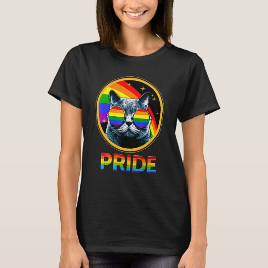 Cute Cat Pride Rainbow LGBTQ LGBT Gay Lesbian Prid Tシャツ (正面)