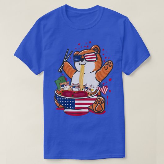 Cute Cat Ramen With American USA Flag Pattern Tシャツ (デザイン正面)