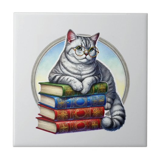 Cute cat reading nook library book lovers  タイル (正面)