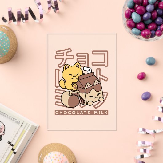 Cute Cat Riding Chocolate Milk Carton Kawaii Art アクリル招待状 (インサイチュ (お祝い))