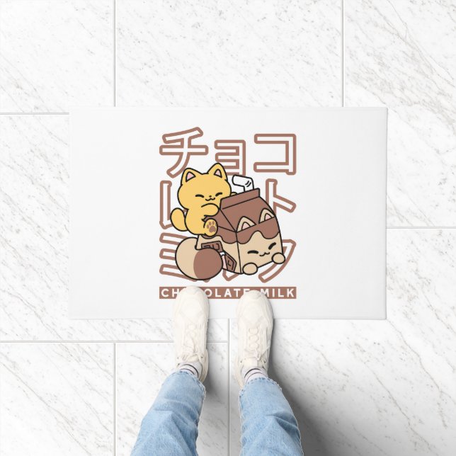 Cute Cat Riding Chocolate Milk Carton Kawaii Art ドアマット (室内)