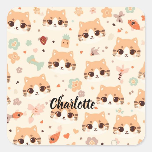 Cute Cat simple pet kitten Pattern Party スクエアシール (正面)